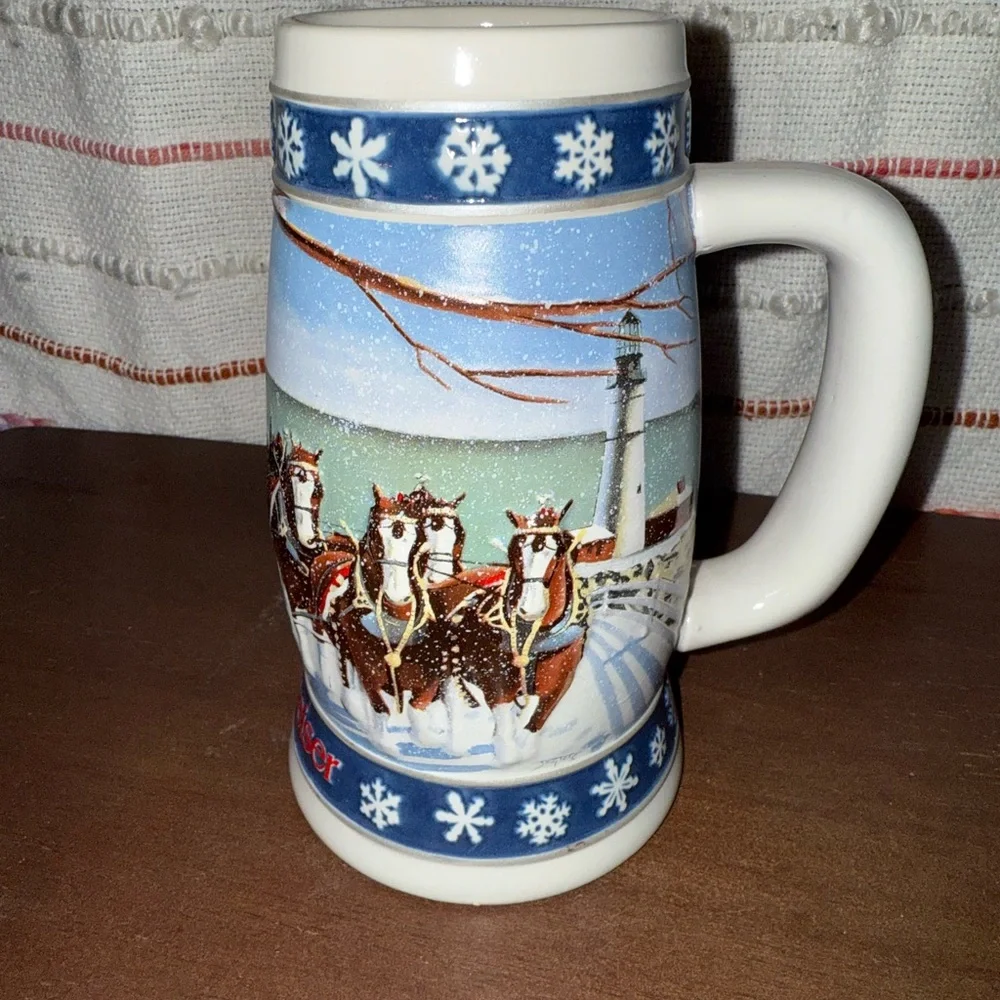 Vintage‎ Budweiser 1995 Holiday Stein with Festive Red and Blue Design